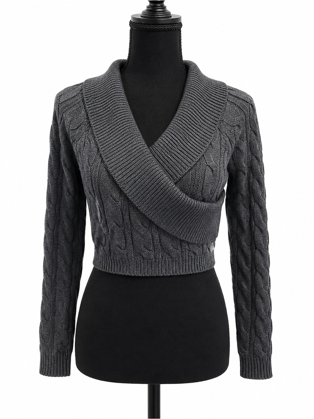 NWT DARK GRAY WRAP FRONT CROPPED SWEATER
